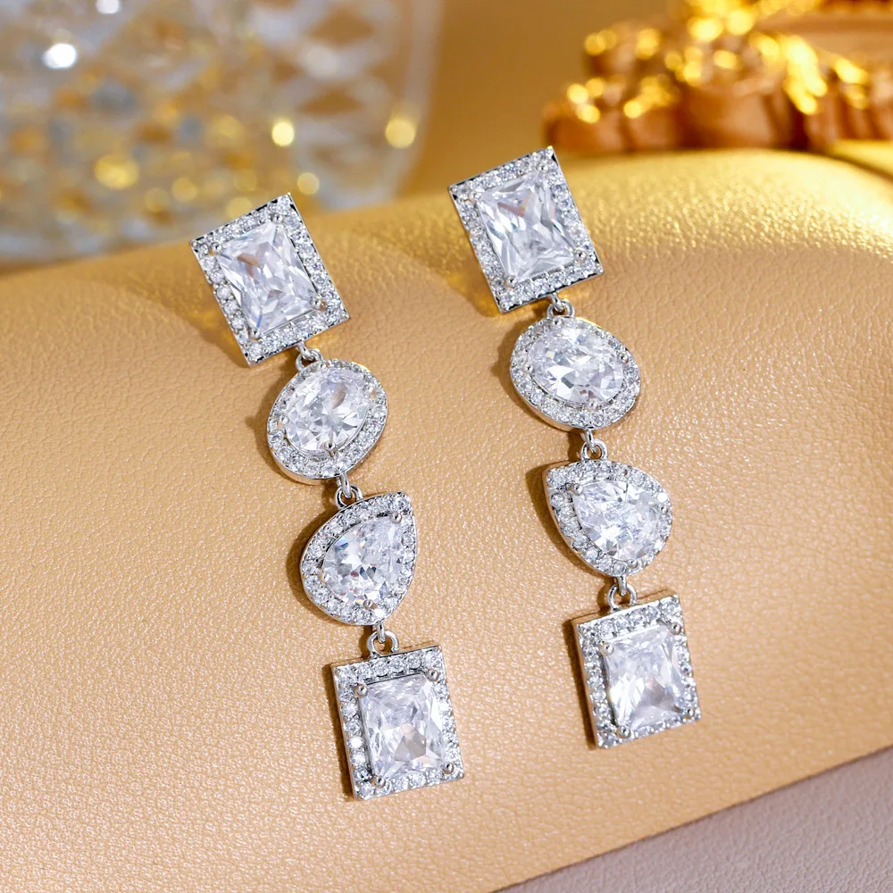 CWWZircons Gorgeous Top Square Cubic Zirconia Pave Long Dangly Drop White Wedding Engagement Party Wear Earrings for Women CZ508