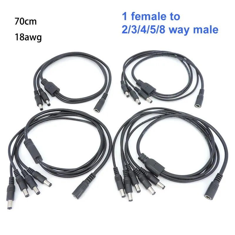 0.7M Long 12V 24v DC 1 Female to 2 3 4 5 8 way Male connector Cable Power Supply extend Splitter 18awg 7A for strip 5.5x2.1mm