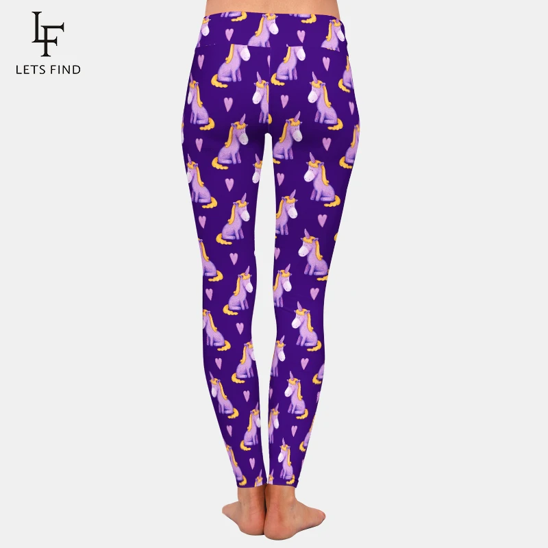 LETSFIND สินค้ามาใหม่สำหรับฤดูหนาว Leggings ออกกำลังกาย Fahion สีม่วงยูนิคอร์นและหัวใจพิมพ์สูงเอวผู้หญิง Silm Leggings