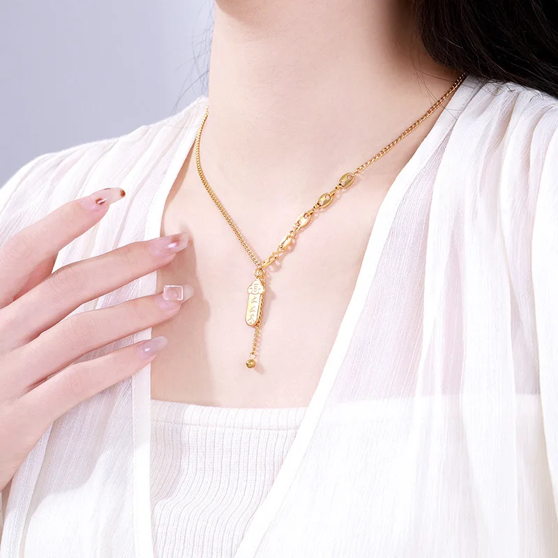 Luxury 100% Real 24K Gold New Chinese Style Choker Necklace, Elegant Collarbone Chain for Women, Vintage Jewelry