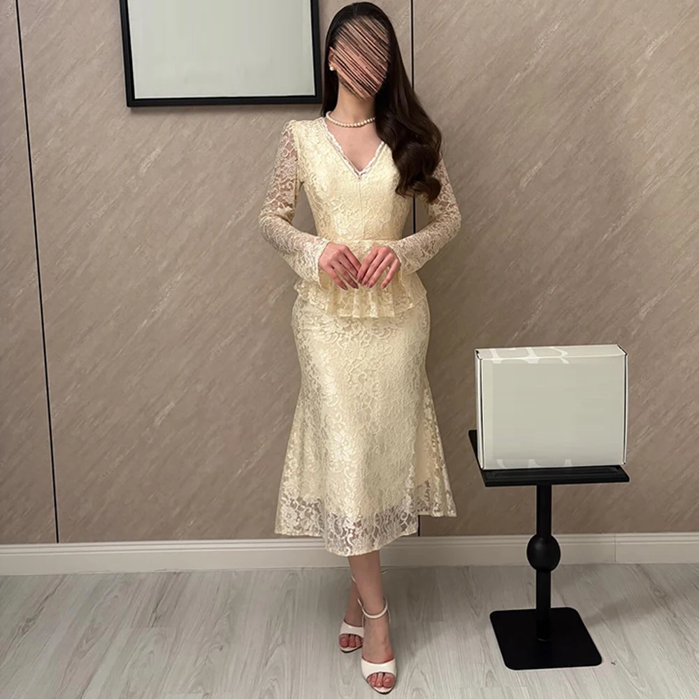 

Classic V-Neck White Lace Evening Dress Fashion Long Sleeves Prom Dresses Delicate Mermaid Customized Special Occasion Gowns