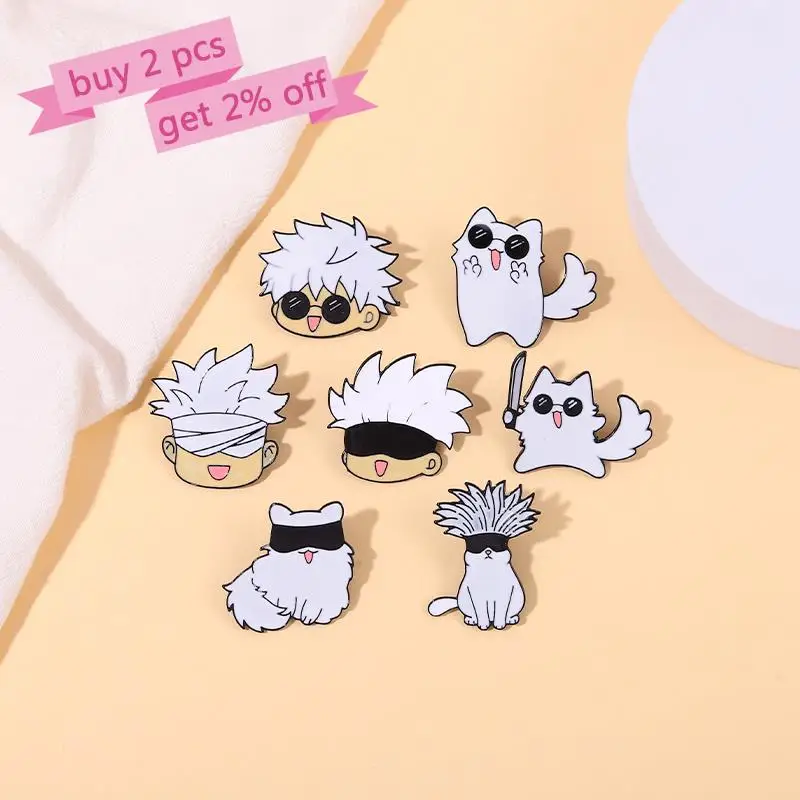 Gojo Satoru and Cat Enamel Pins Custom Anime Brooches Lapel Badges Cartoon Funny Cos Animal Jewelry Gift for Kids Friends