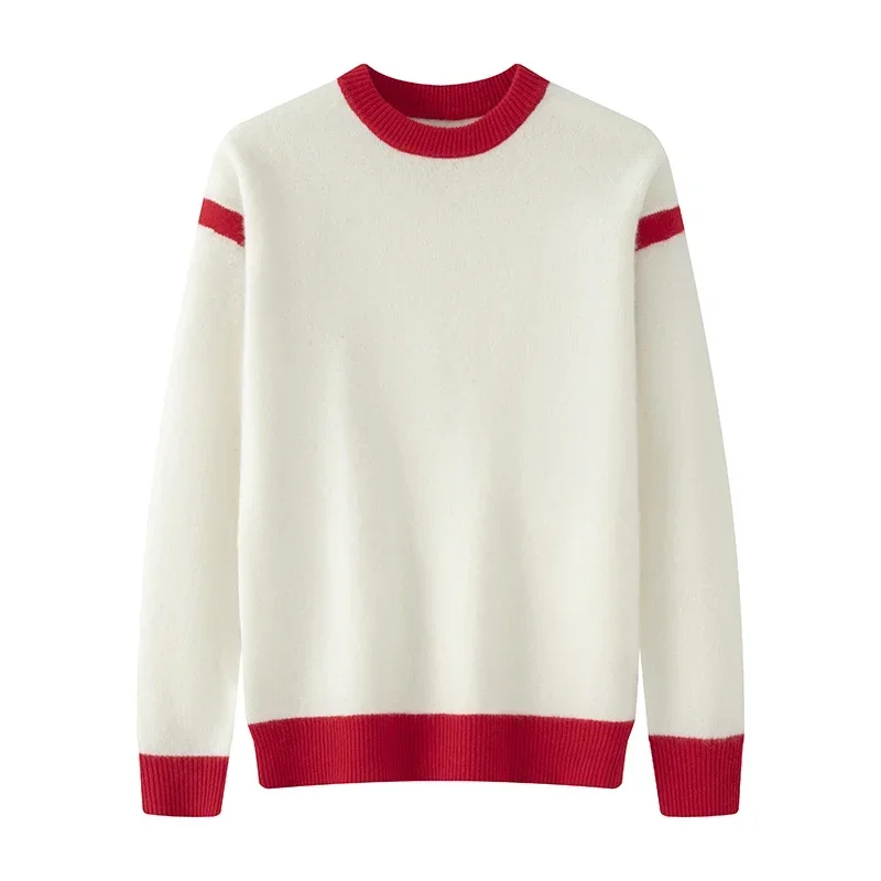 Autumn/Winter New Men's 100% Merino Wool Knitted Sweater O-Neck Long Sleeve Contrast Sweater High Street Pullover