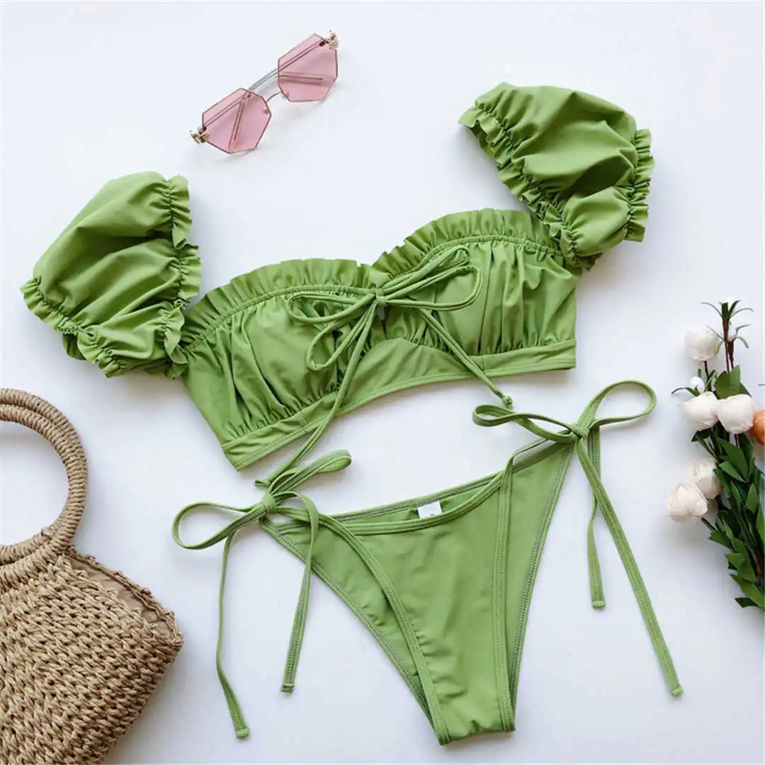 Kurzärmeliger, brasilianischer, plissierter, geraffter Bikini-Badeanzug für Damen, zweiteiliger Bikini-Set, Badebekleidung, Badeanzug, Schwimmanzug V1729 – Detail 33