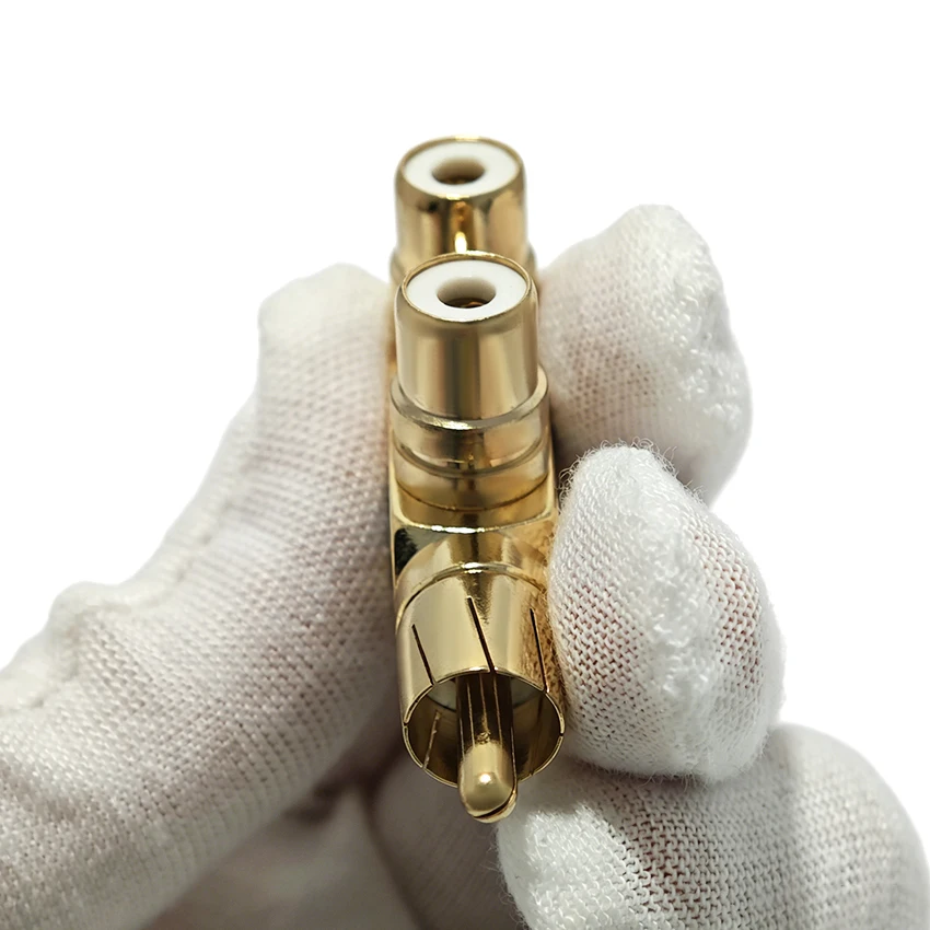 All Copper Gold-Plated Submachine Gun-Type RCA 1 Male to 2 Female Lotus Connector Audio Adapter Black Red