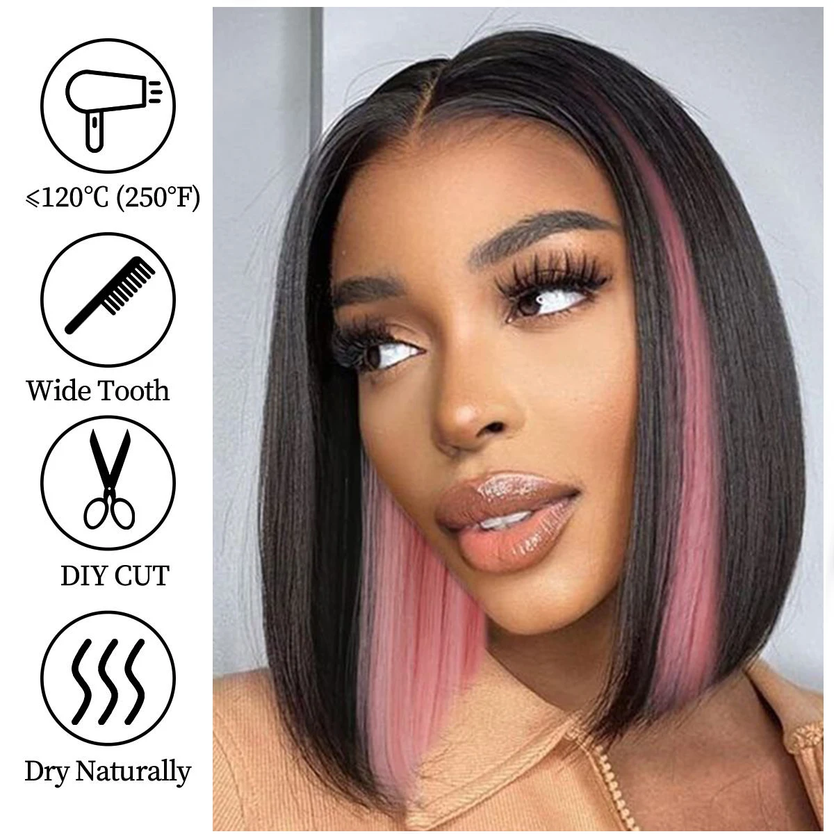 Black Brown Highlight Hair Short Straight Wig 12 Inch Middle Part Bob Wigs for Women Natural Synthetic Straight Hair Wig Cosplay