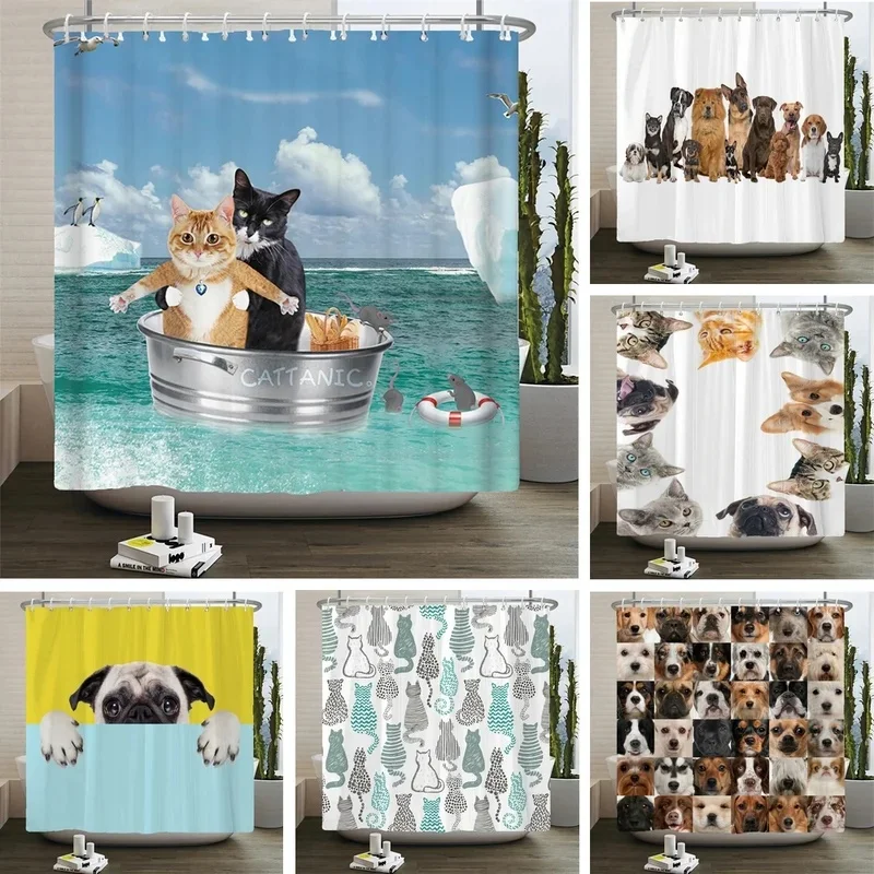 VIKAMA Humorous Shower Curtain Cute Cats Ocean Iceberg Mouse Pattern Waterproof Bath Curtain for Bathroom Decoration