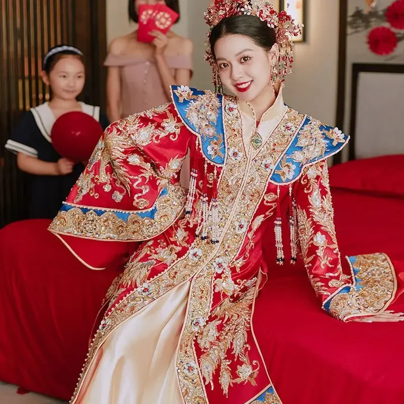 الراقية سلالة مينغ Hanfu Xiuhe فستان الزفاف فستان الزفاف الصيني الجديد المطرزة تاج فينيكس وعرض Xiapi