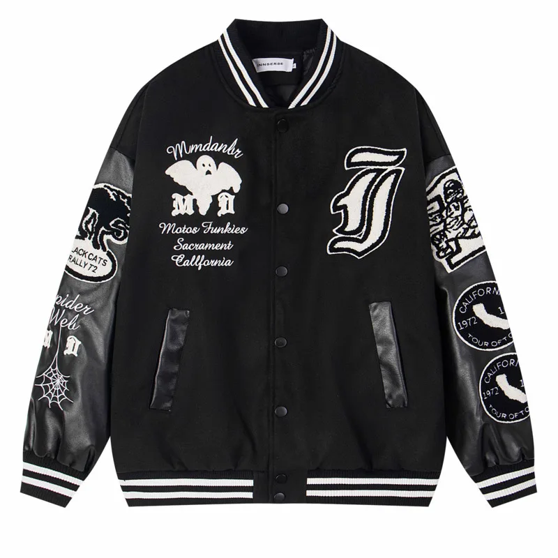 Autumn trendy brand color blocking splicing PU leather design sense embroidered baseball jacket for couples loose hip-hop jacket