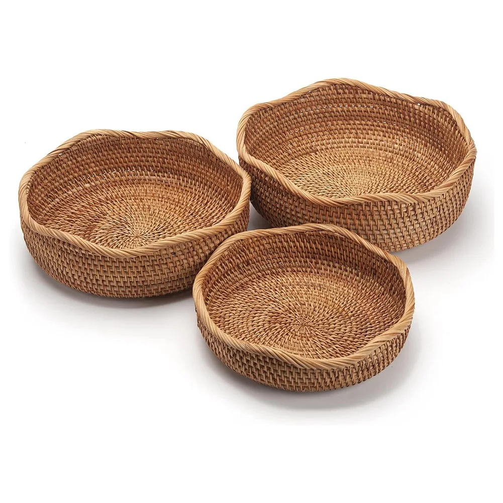 [N84R] Rattan Bread Baskets Round Woven Fruit Bowls Key Holders Stackable for Storage, Snack, Fruit, Vegetable Natural Set of 3