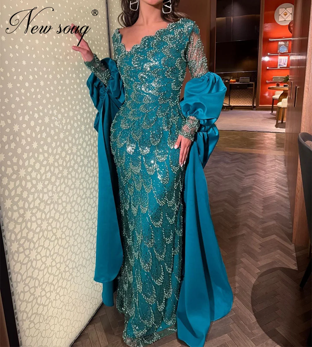 

Arabic Green Mermaid Prom Dresses Elegant Beaded Crystals Evening Dress Dubai Cape Long Sleeves Wedding Party Gowns Customized