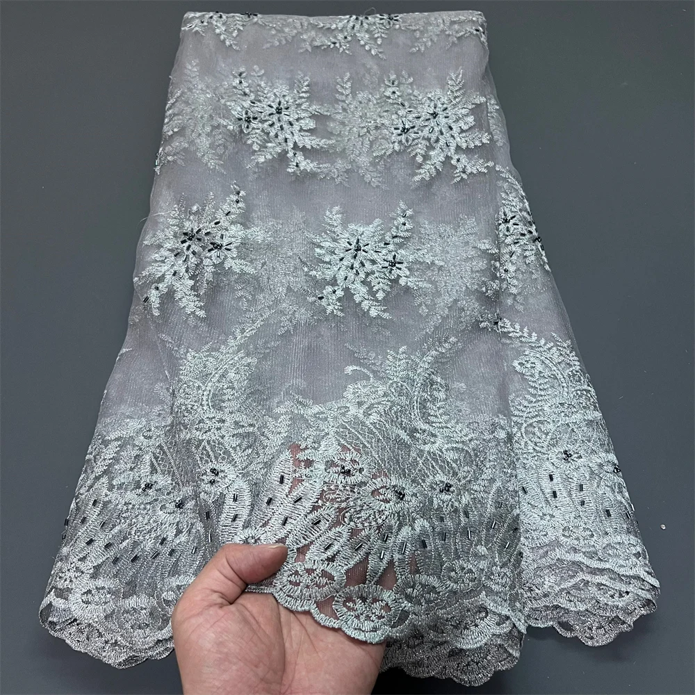 الأفريقي النيجيري عالية الجودة 2025 الترتر تول لفساتين الحفلة الراقصة الدانتيل النسيج التطريز صافي القماش الخرز الخياطة 5 ياردة ZJ049