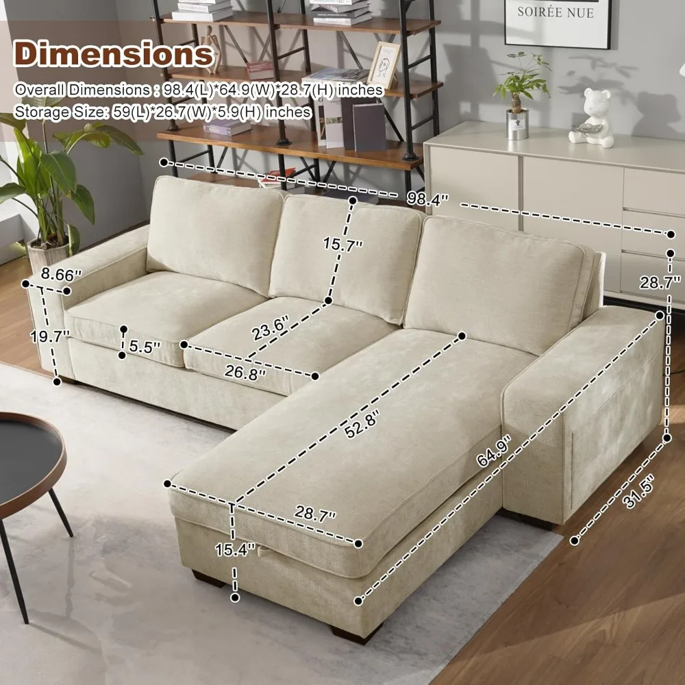 99” L-Shape Convertible Sectional Couches Sofas with 190L Storage Chaise,Upholstered Sofas with Removable Cushion