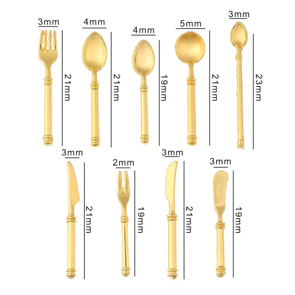 ชุดเครื่องครัวโลหะ 9 ชิ้น ขนาด 1:6/1:12 ประกอบด้วยส้อม มีด ช้อน ของเล่นจำลองขนาดเล็ก อุปกรณ์เสริมเครื่องครัวจิ๋ว