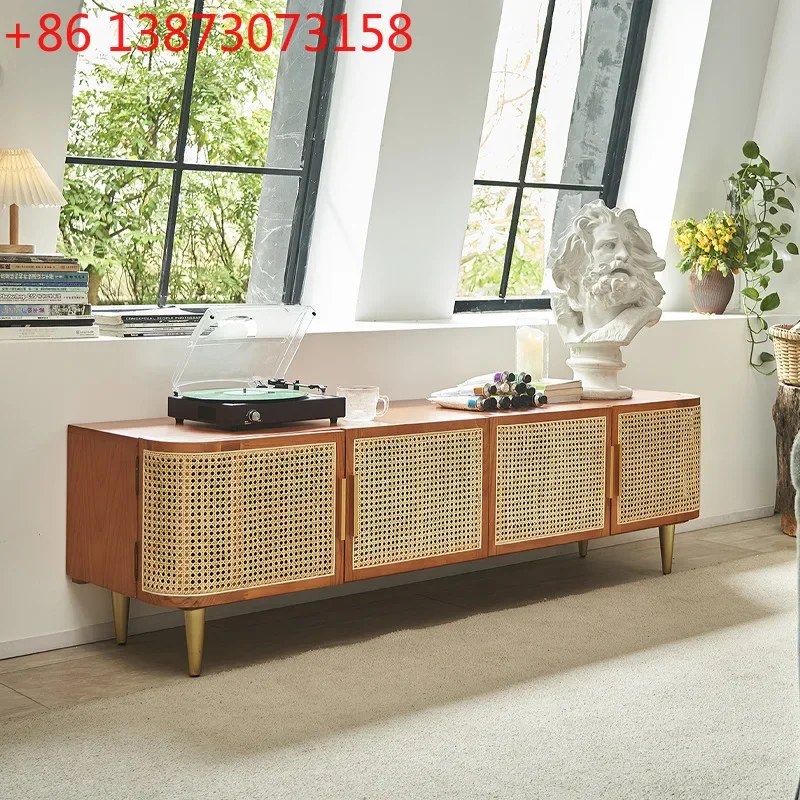 Wabi-sabi style minimalist audio-visual cabinet, home living room, solid wood rattan TV cabinet, hotel B&B, swing door storage c