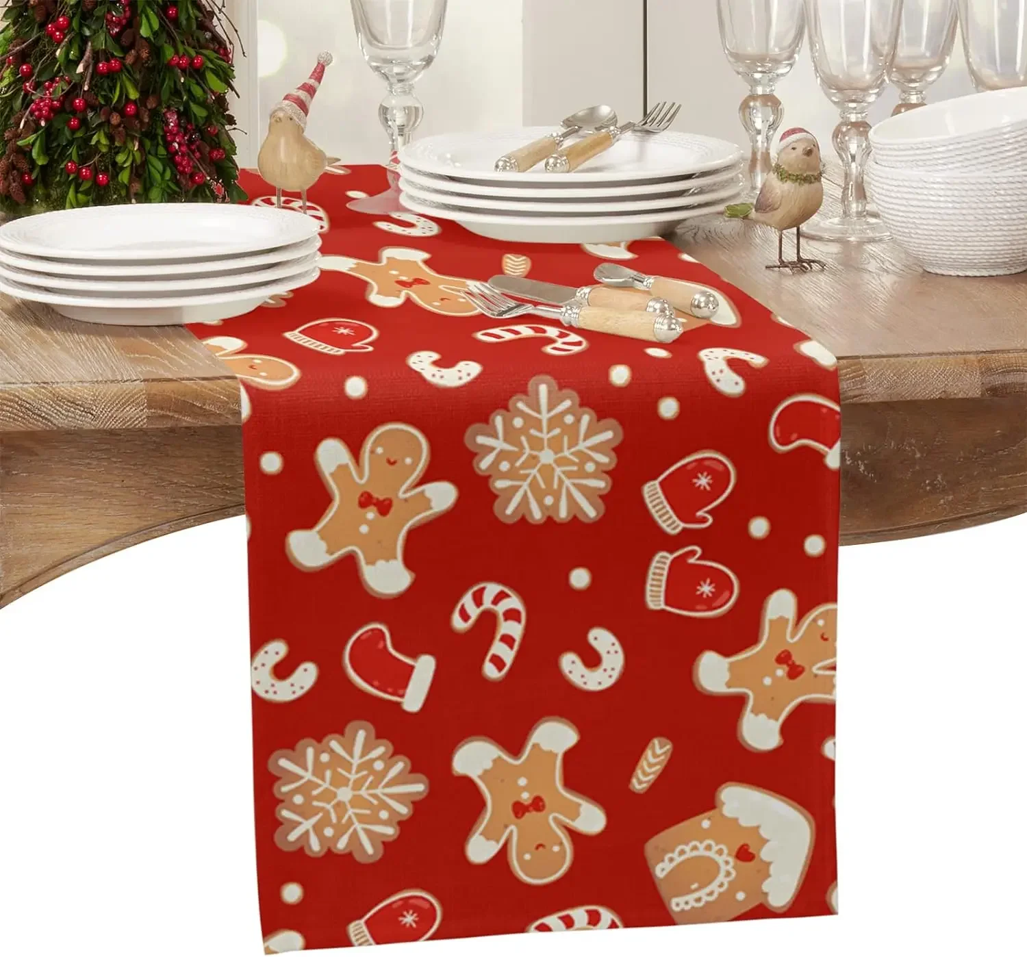 Christmas Gingerbread Man Red Linen Table Runners Dresser Scarves Table Decor Xmas Dining Table Runners Christmas Decorations