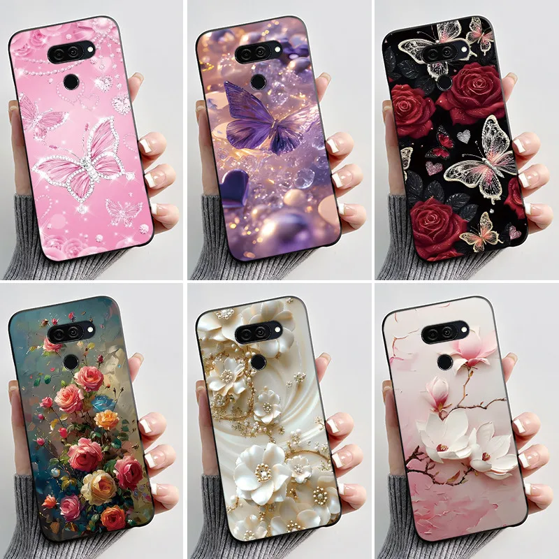 Para LG Q70 LM-Q730N, funda delgada de silicona suave negra, funda pintada con mariposas y flores a la moda de lujo para LG Q70 Q 70, carcasa para teléfono