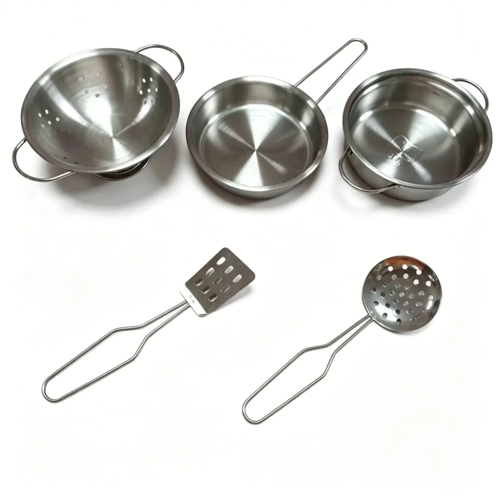 5Pcs Kids Stainless Steel Cookware Toy, Mini Pots Pans with Colander & Spatula, Pretend Play Kitchen Utensils for Kid, Role Play