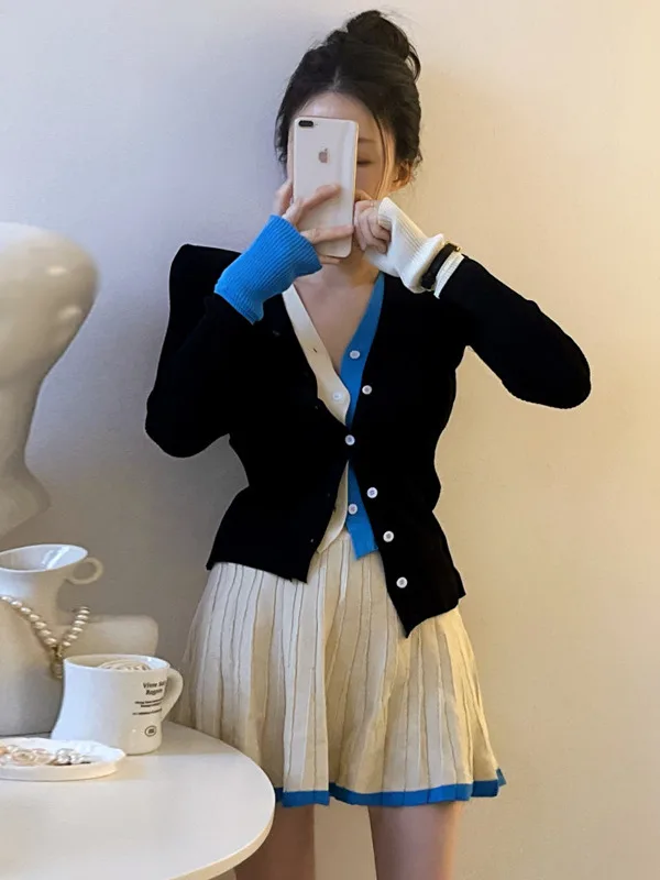 Color Block Knitted Outerwear And  Skirt Set Women's Fashionable Retro Spring New Style Half Body Skirt Two Piece Suit
