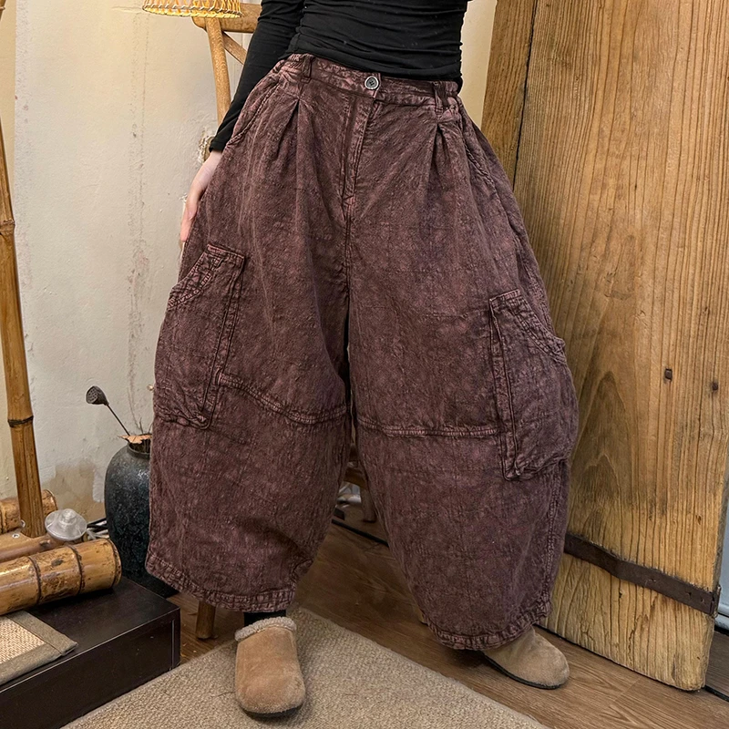 New 25 Autumn/winter Women All-matched Pocket Patchwork Ankle-length Pants Casual Loose Cotton Elastic Waist Wide Leg Pants H84