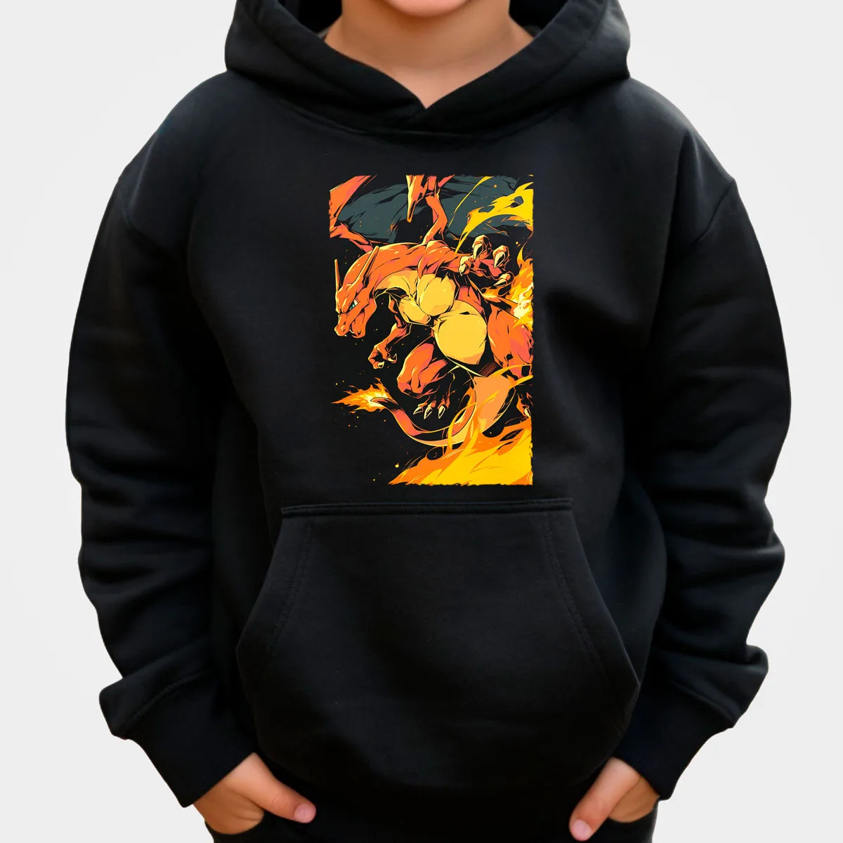 Pokemon Anime Charizard Sudadera con capucha de algodón negro naranja llama dragón criatura amarillo fuego patrón suelto ajuste Casual ropa de hogar