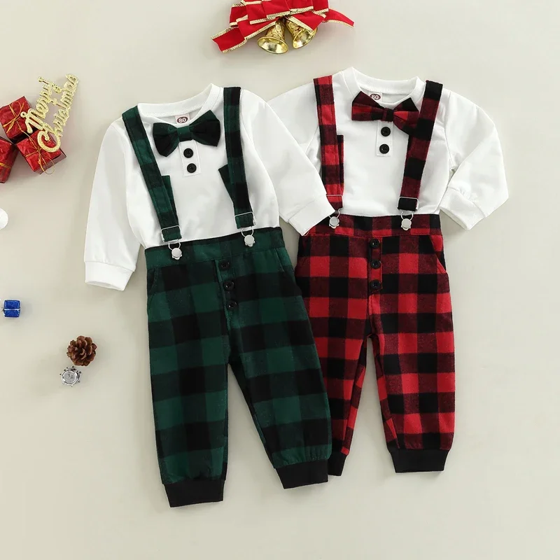 0-18M Boys Baby Party Christmas Clothes Set Long Sleeve Bow-tie Tops Plaid Suspender Pants Toddler Boys Overalls Party Outfits