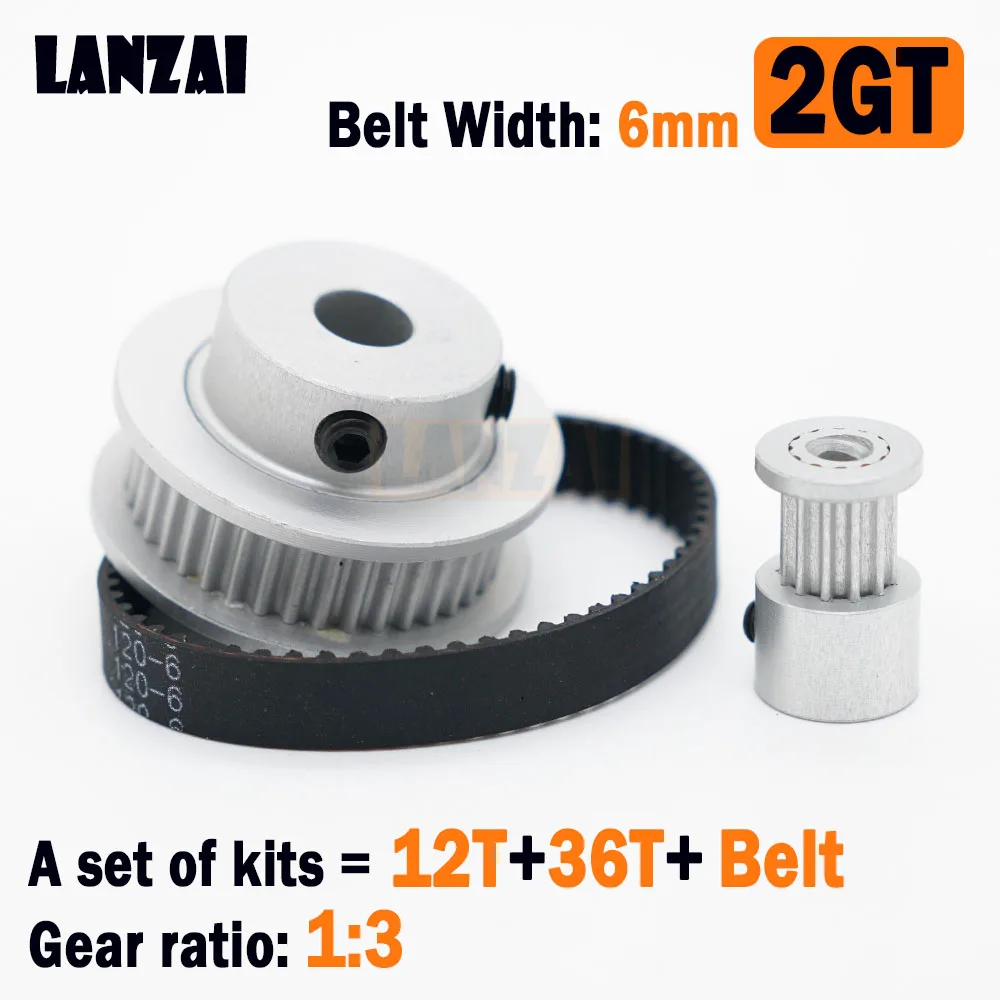 LANZAI 2GT Timing Belt Pulley kit, Set roda katrol 12 gigi rasio 1:3 lebar sabuk 6mm Aluminium GT2 12 T 36T untuk Printer 3D