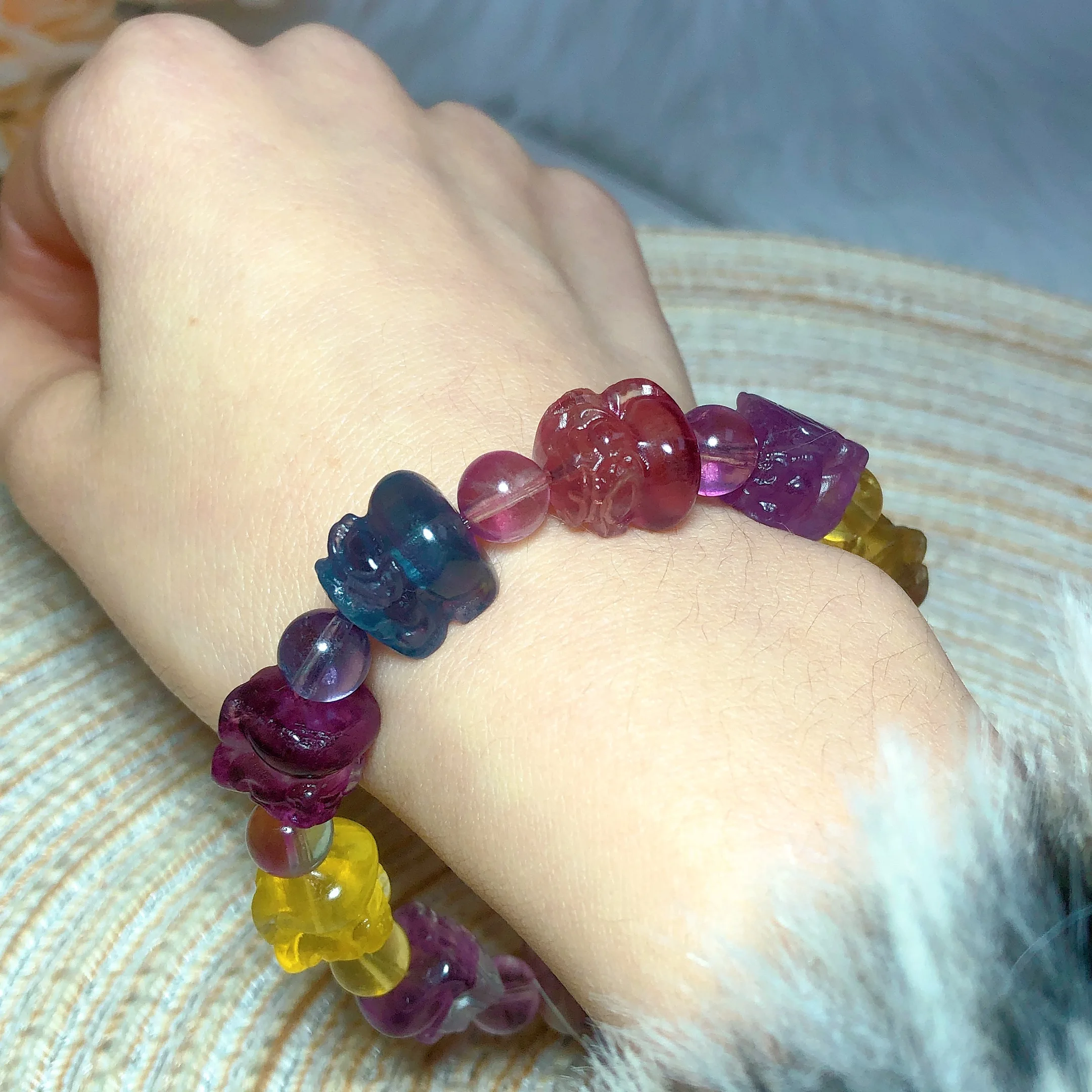 Natural Crystals Fluorite Pixiu Bracelet Colorful Beads Women Men Jewelry High Quality Healing Polished Energy Gift