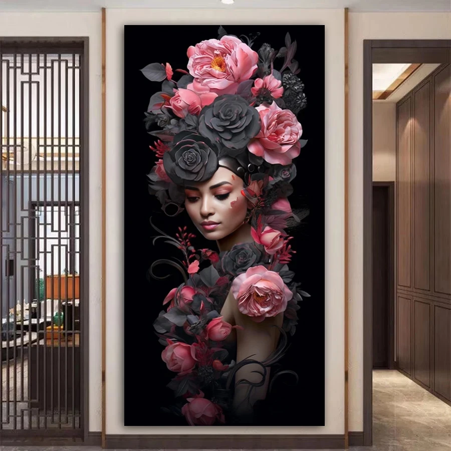 

Большой размер Diy Diamond Art Картина черный розовый цветок Женщина Полная дрель Мозаика Вышивка красавица девушка Картина ручной работы Настенный декор