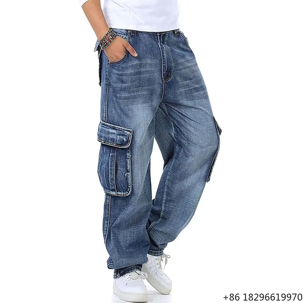 High Quality Custom Men's Loose Denim Trousers Multi-Pocket Plus Size Streetstyle Jeans With Light Wash and Cotton Material