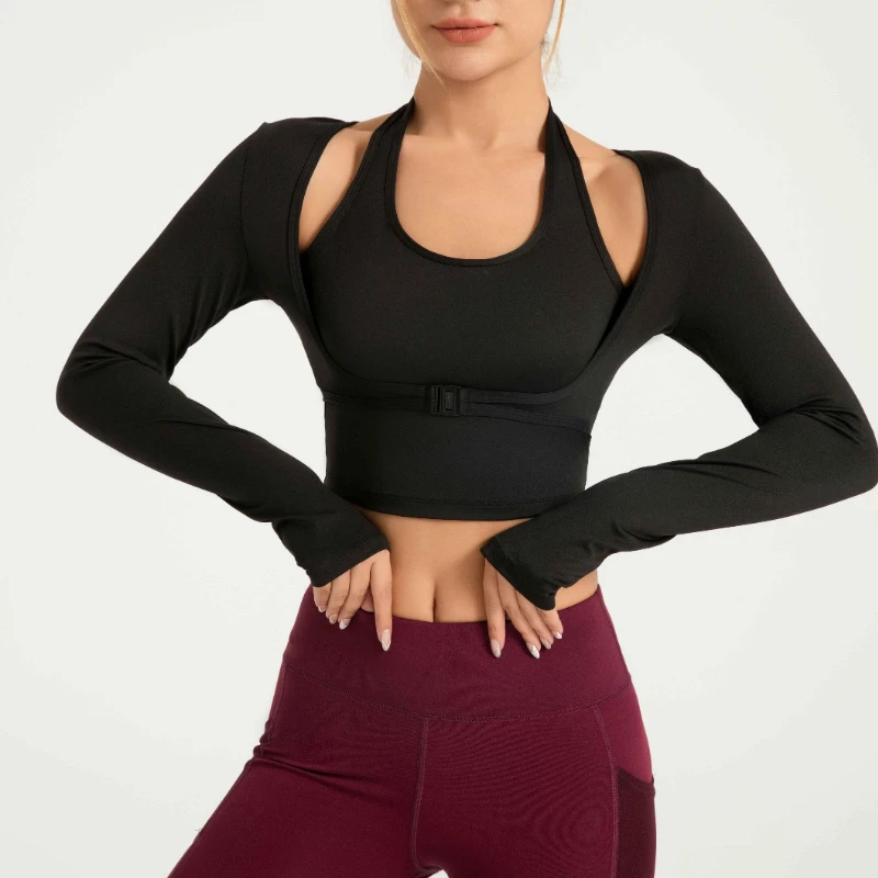 スポーツウェア-レディース-ジム-クロップトップ-ヨガウェア-女性用-スポーツ-フィットネス-ワークアウト-レディース-ジム-長袖-フェイクツーピース-セクシーシャツ