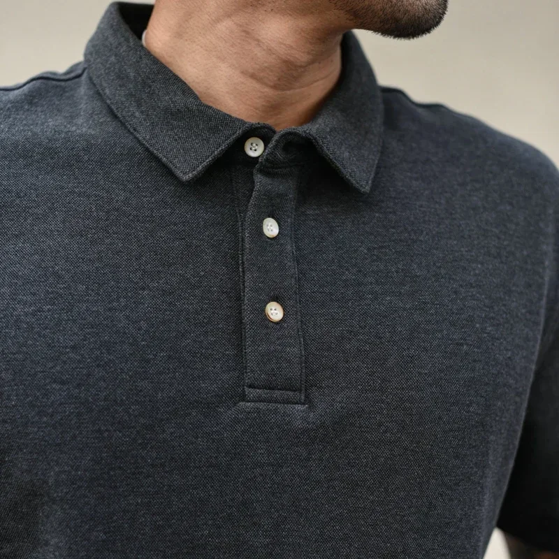 Sauce Zhan  Mens T-shirt Henry Collar Solid Polo Shirt Pure Cotton Short Sleeve Casual Loose Fit 250g