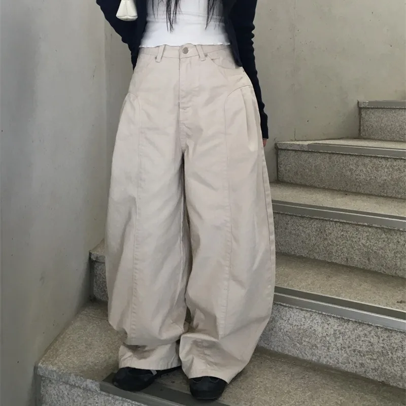 

Loose Straight Leg High Waist Denim Jeans Women's Floor Length Pleated Wide Leg Pants Casual Sle Pure Color Korean Dongdaemun
