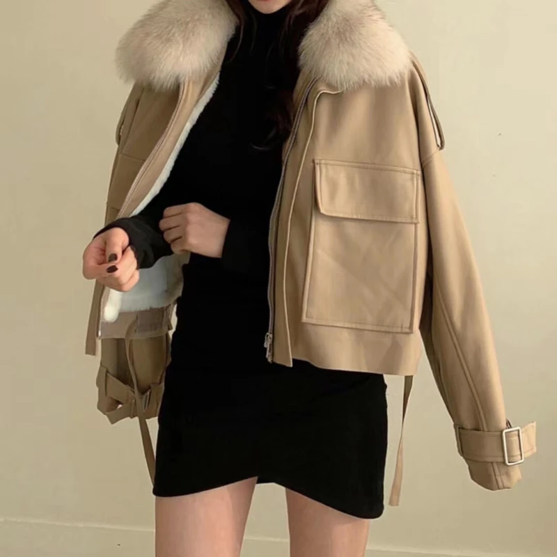 JulyPalette 2022 Autumn Winter Thicken Fleece Short Leather Jacket Fashion Detachable Imitation Fox Fur Collar Women Moto Jacket