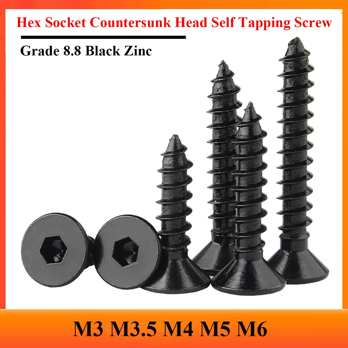 M3 M3.5 M4 M5 M6 Black 8.8 Carbon Steel Allen Hexagon Hex Socket Flat Countersunk Head Self Tapping Screws Wood Screw