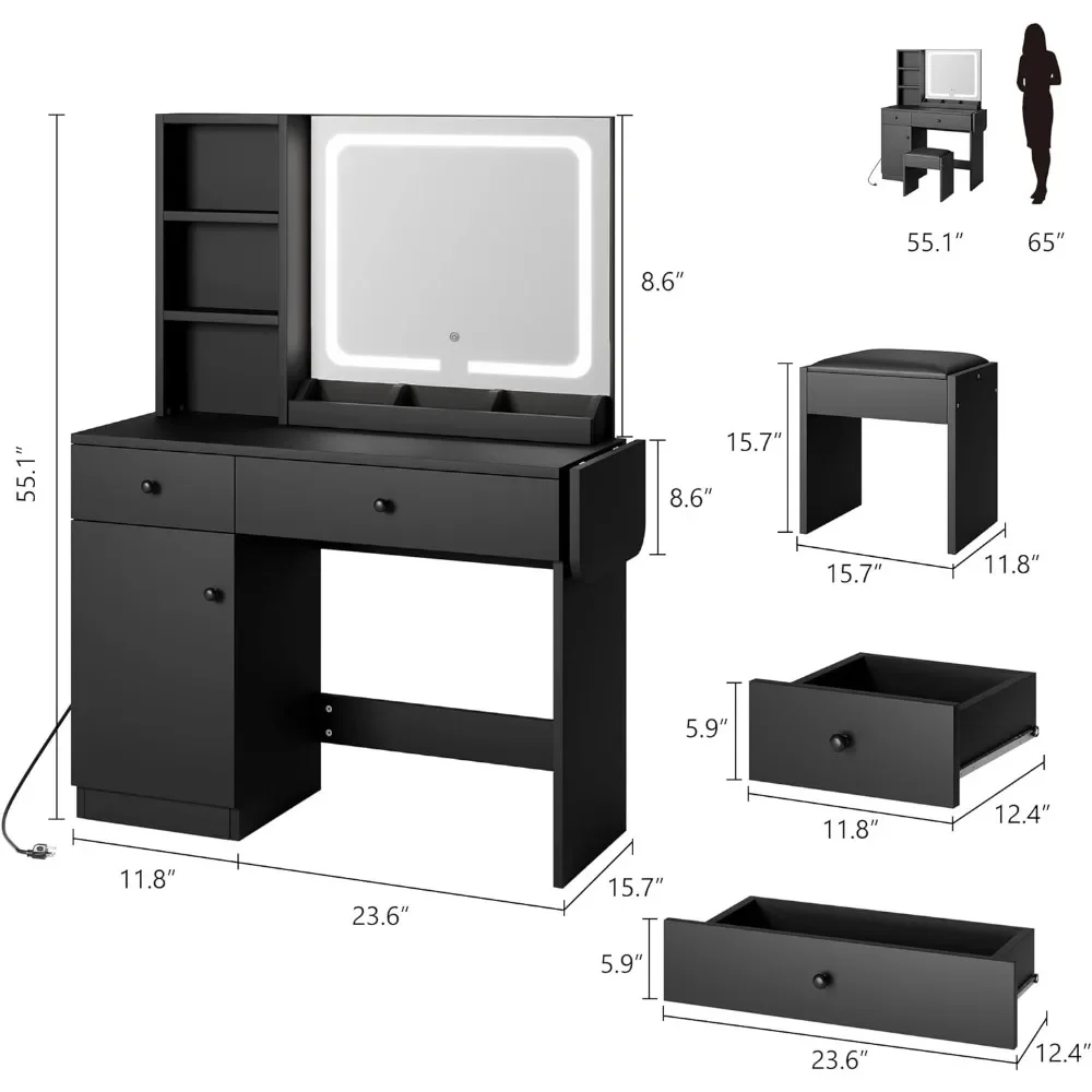 Vanity Desk with Mirror and Light, Vanity Set with Drawers & Open Shelf & Storage Cabinet, Vanity Mirror for Bedroom, Black