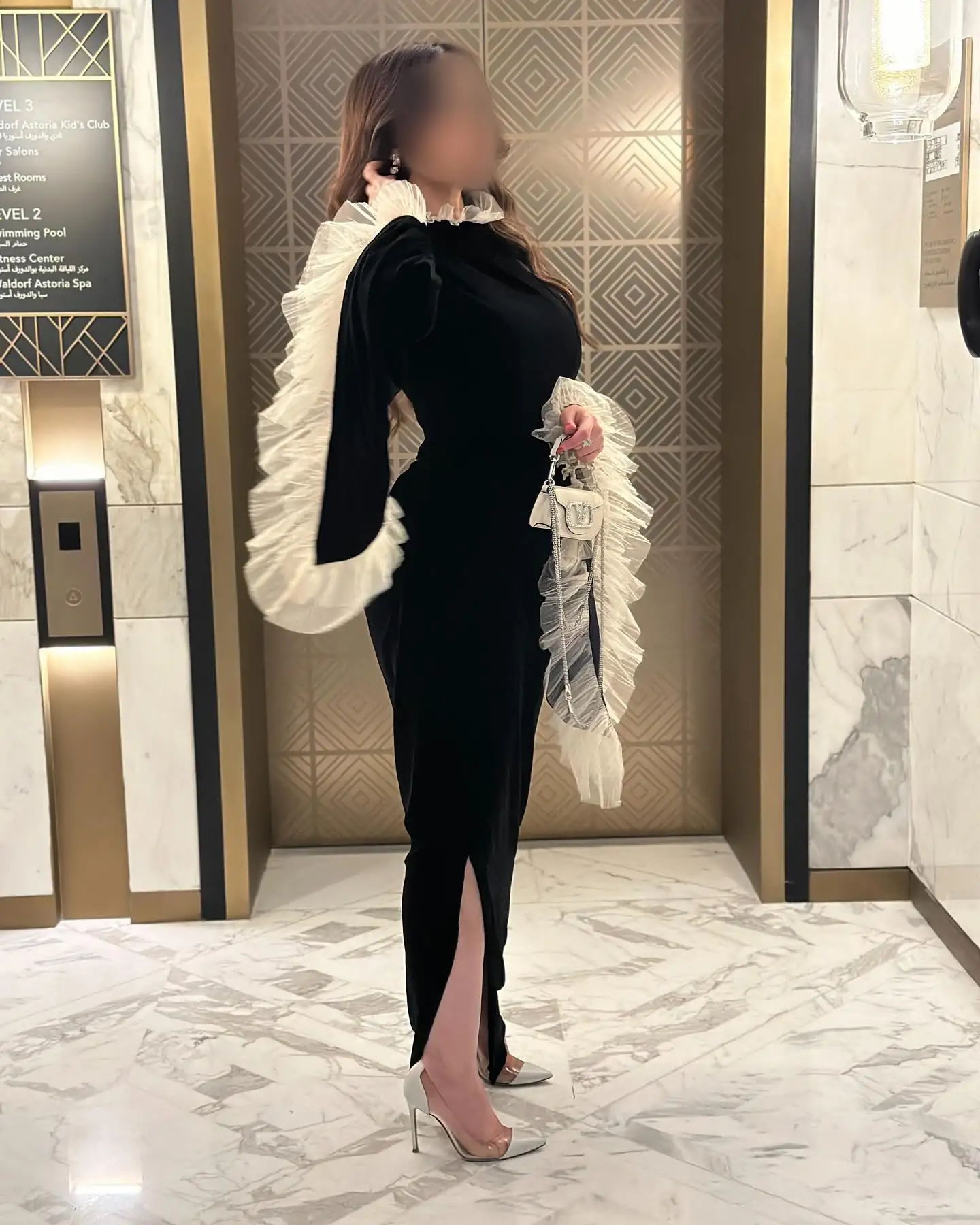 AsaNagi Maßgeschneidertes schwarzes Ballkleid mit Glockenärmeln für Damen, Stehkragen, Rüschen, Party-Abendkleid, bodenlang, formelle Anlässe