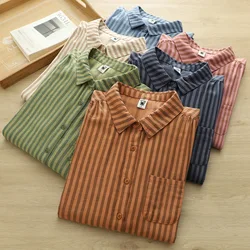 2025 women autumn winter long sleeve lapel striped shirts and blouses casual large size tops Japanese vintage clothing