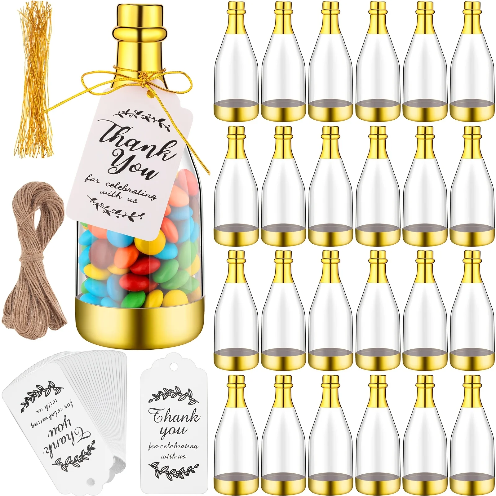 

50pcs Pcs Metallic Mini Bottle Jars - Shiny Plastic Bottle-Shaped Containers Suitable for Wedding Favors, Party Favors, Candy Jars, Trinket Displays with Gift Tags & String for DIY Decorations (Mini Bottle Jars) HomeRelax