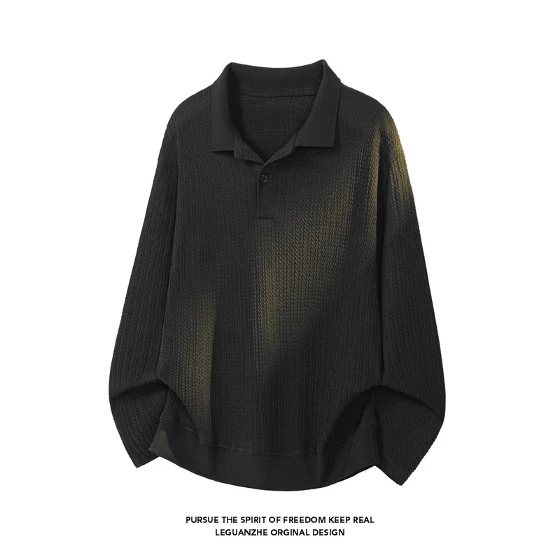 Mens Lapel Long Sleeve Polo Shirt Waffle Textured Fabric Loose Curved Hem Soft Casual Autumn Daily Top
