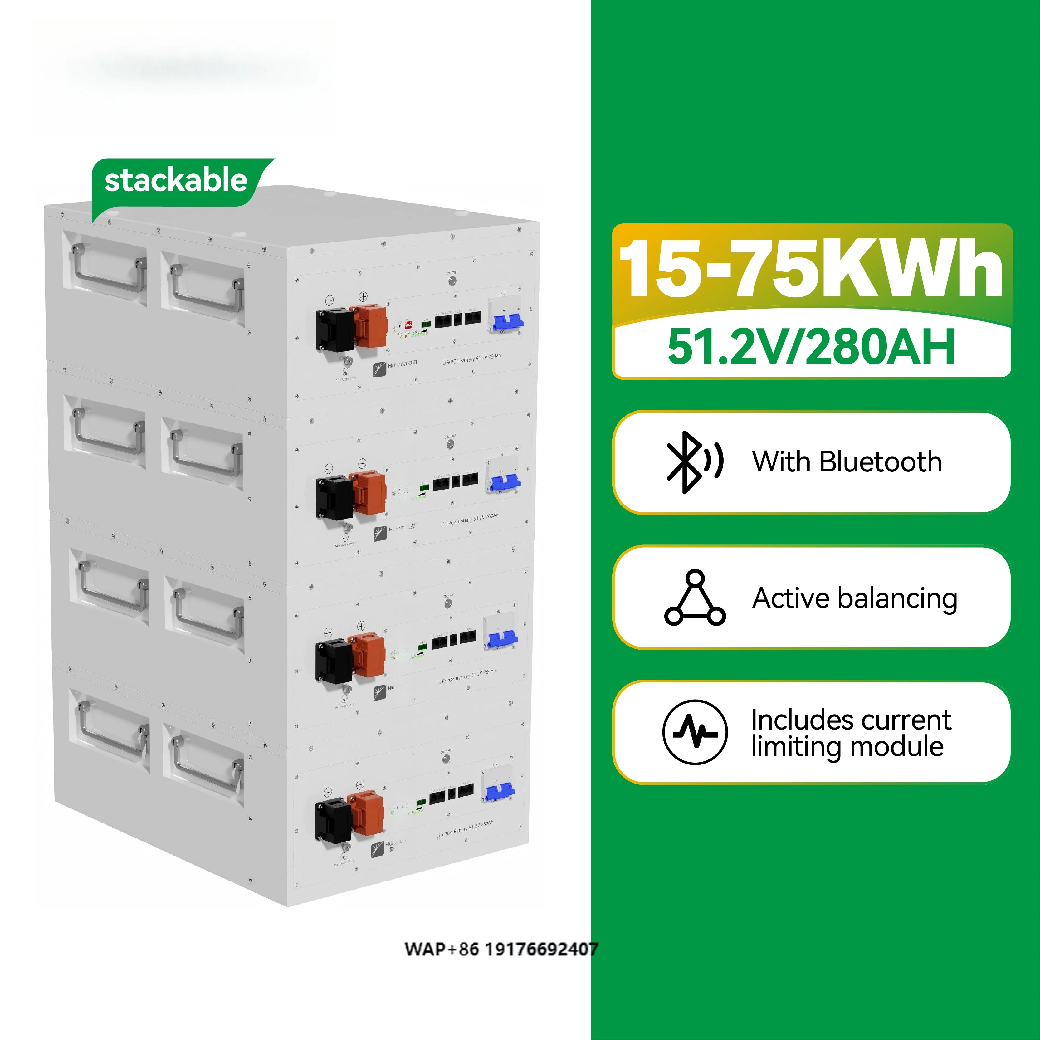 Rack Stackable Lithium Battery 15KWH 30KWH 40KWH 51.2V 280AH Lifepo4 Battery Bluetooth