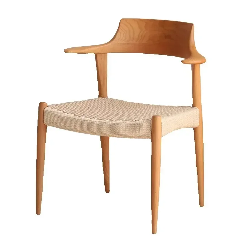 Corner Chair Tea Household Dining Chair with Armrest Solid Wood Chair Rope Weaving Design