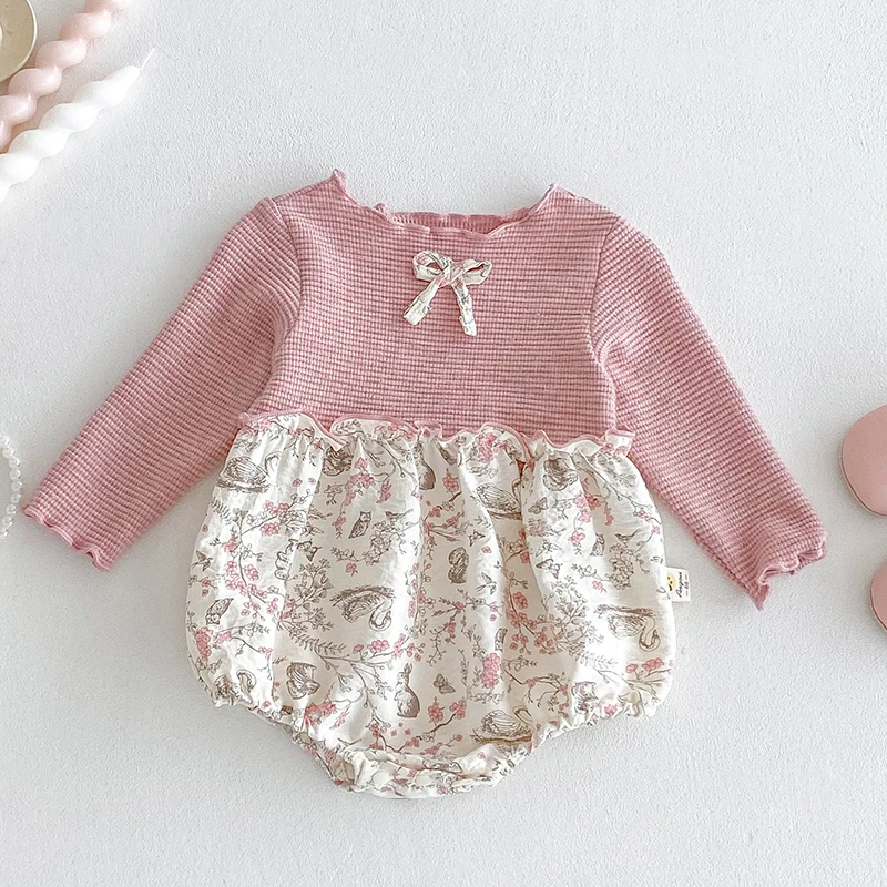 

2025 New Autumn 0-24M Baby Girl Clothing Toddler Baby Girl Romper Long Sleeved Cotton Splicing Infant Baby Girls Jumpsuit