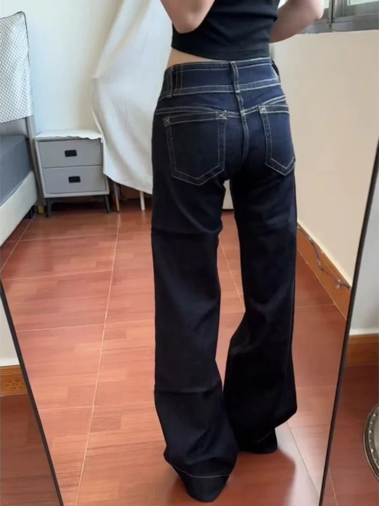 Damskie jeansy w nowym amerykańskim stylu, z podwójnym zapięciem na guziki, krój bootcut, luźny krój, niski stan, proste nogawki, nie obcisłe. — zdjęcie 2