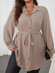 Plus Size Solid Belted Button Front Shirt, Elegant Curved Hem Long Sleeve Shirt For Spring & Fall, Women's Plus Size Clothing