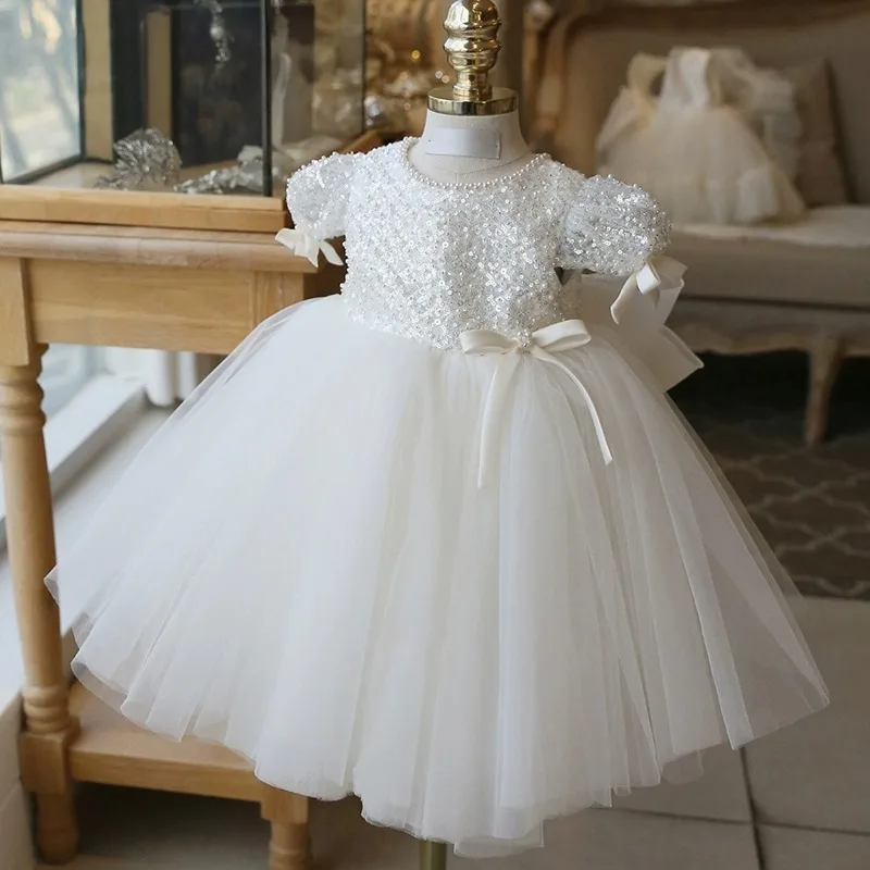ベビーキッズプリンセスチュールスパンコール真珠フラワーガールドレス子供初聖体ドレスボールガウンウェディングパーティードレス誕生日