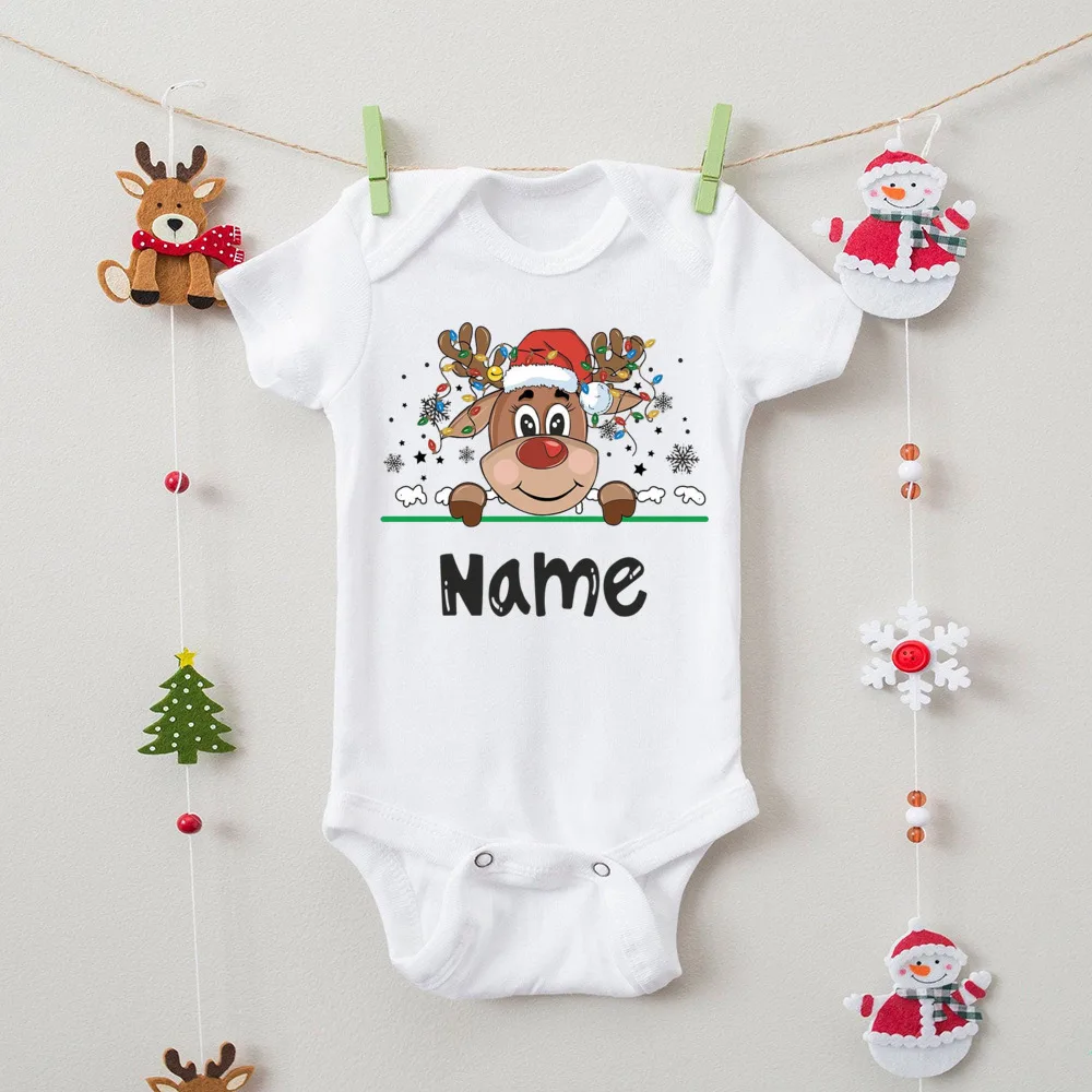 Personalized Christmas Baby Bodysuit Newborn Romper Custom Name Infant Baptism Short Sleeve Clothes Xmas Party Outfits Jumpsuit