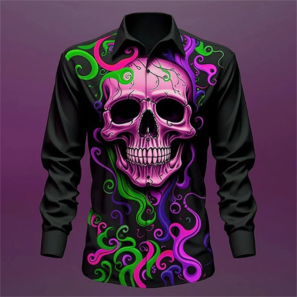 Stylish Funny Shirt Men's Skull Mask Skeleton Casual Daily Outfit Lapel Comfortable Elegant Long Sleeve Shirt Top 2024 New Style