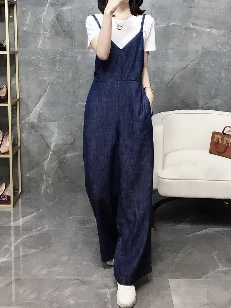 Damskie luźne ogrodniczki jeansowe z wysokim stanem, modne spodnie z szerokimi nogawkami, codzienne, jesienne, nowość, efekt wyszczuplający.