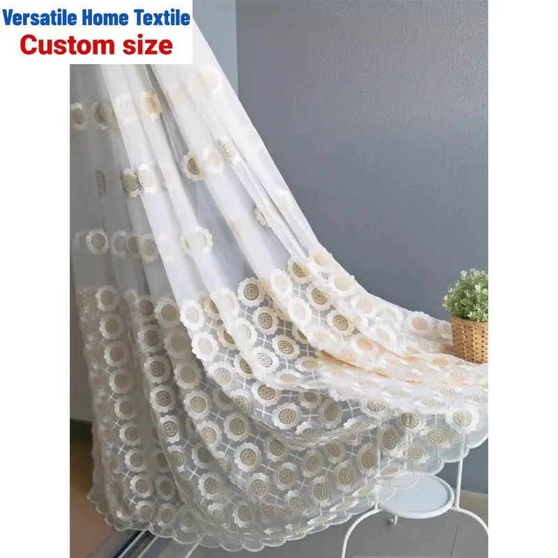 Custom Size  White Tulle French pastoral style embroidered window veil Curtains for Living dining room bedroom Window Decor